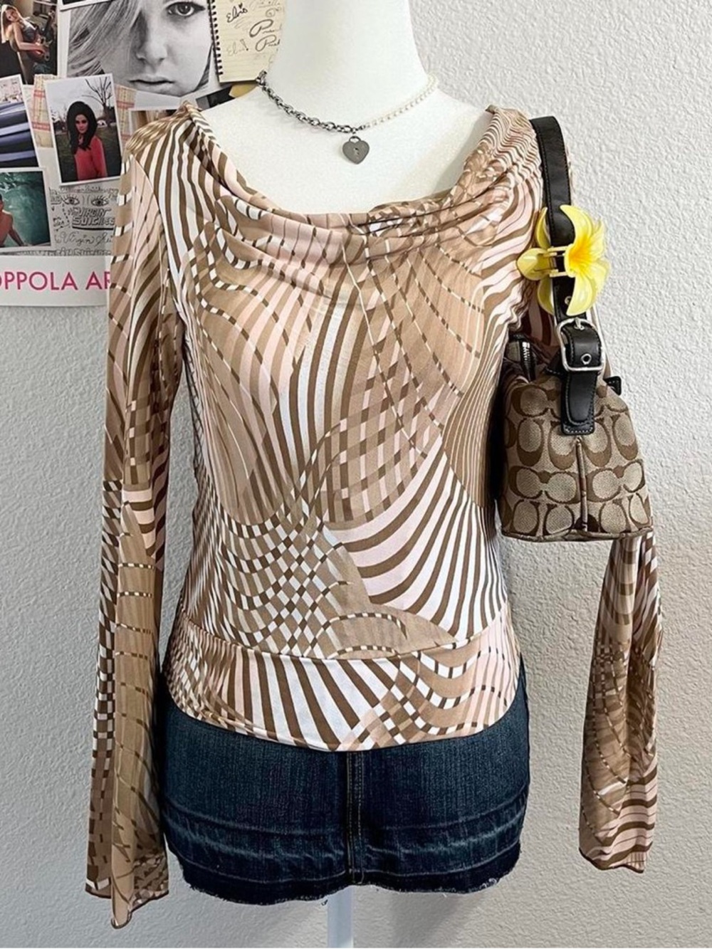 Vintage Y2K Deadstock Bell Long Sleeve Checkered Blouse Cowl Neck Top